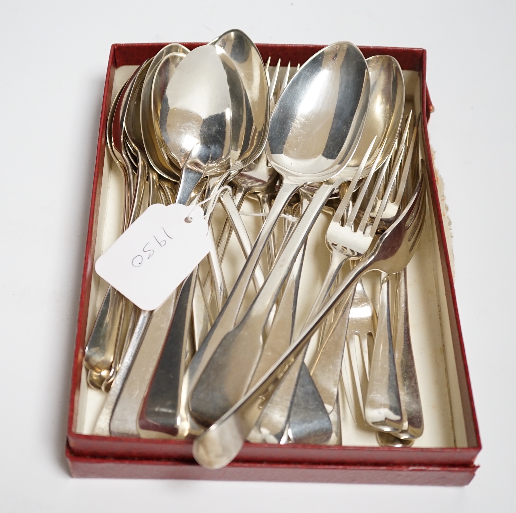 A set of six late Victorian silver Hanovarian pattern table forks, London, 1897, a set of six Old English pattern dessert spoons, London, 1851 and nine other items of silver flatware including a spoon stamped IG three ti
